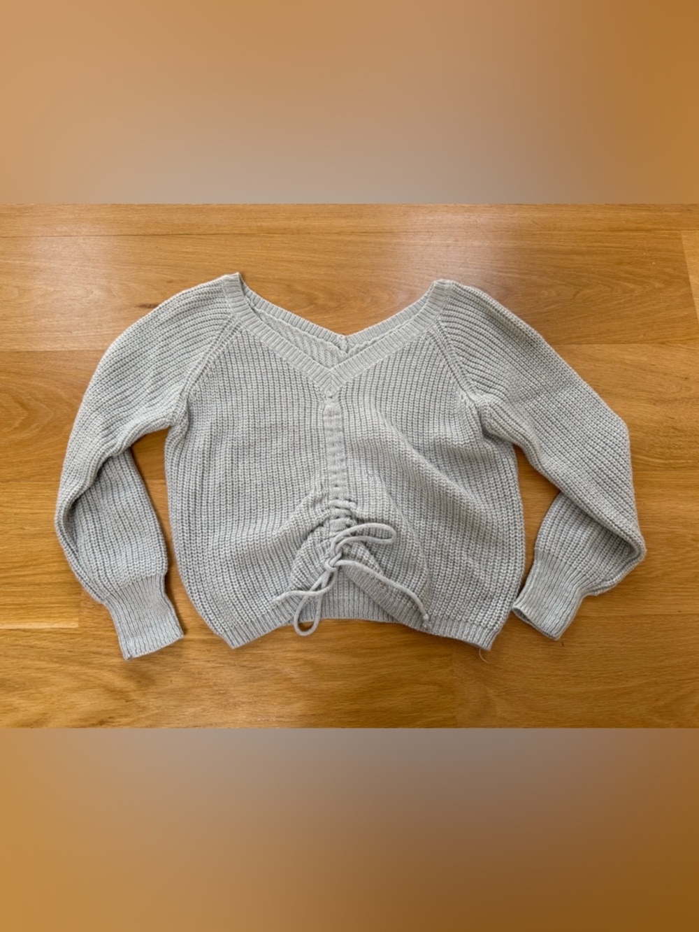 Light Gray V-Neck Ruched Knit Sweater